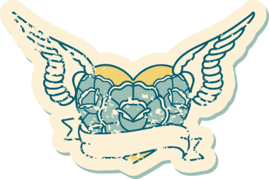 Bir insan tarafından çizilmiş çiçek ve pankartıyla uçan bir kalbin sembolik dövmeli resmi.