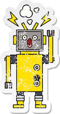 Bir insan tarafından çizilmiş sevimli bir robot çizgi film çıkartması.