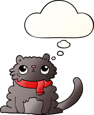 Bir insan tarafından çizilmiş yumuşak eğimli düşünce baloncuklu çizgi film kedisi.