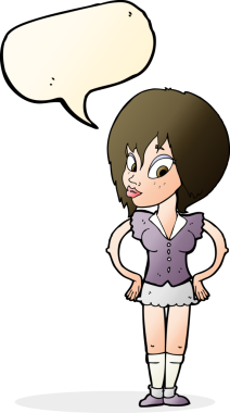 Bir insan tarafından çizilmiş konuşma balonlu elleri olan çizgi film kadını.