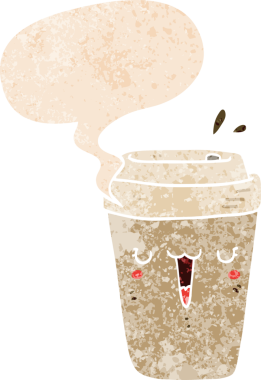 Bir insan tarafından çizilmiş grunge dertli retro desenli konuşma balonlu çizgi film kahve fincanı.