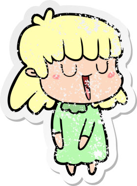 Bir insan tarafından çizilmiş gülen karikatürlü bir kadının sıkıntılı çıkartması.