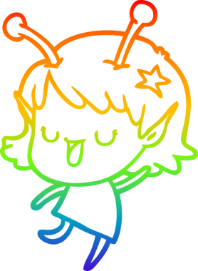 Gökkuşağı gradyan çizgisi mutlu uzaylı kız çizgi filmi bir insan tarafından çizilmiş.