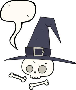 Bir insan tarafından çizilmiş kafatası ile serbest konuşma balonu cadı şapkası