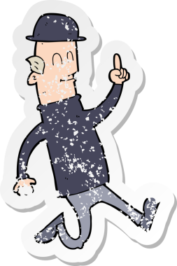 Bir insan tarafından çizilmiş melon şapka giyen bir çizgi film karakterinin gerilimli çıkartması.