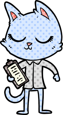 Bir insan tarafından çizilmiş sakin bir çizgi film kedisi.