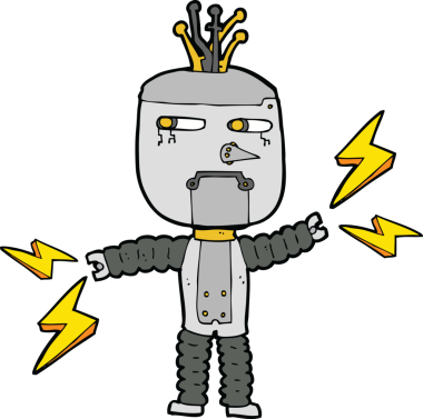 Bir insan tarafından çizilmiş düşünce baloncuklu çizgi film robotu.