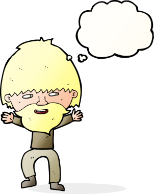 Bir insan tarafından çizilmiş düşünce balonlu sakallı mutlu adam çizgi filmi.