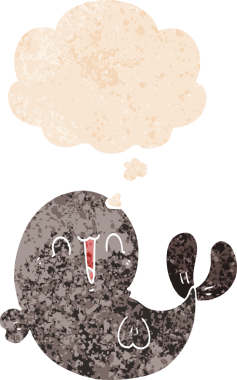 Düşünce baloncuğu içinde homurdanan sevimli çizgi film balinası bir insan tarafından çizilmiş dertli retro dokuma tarzı