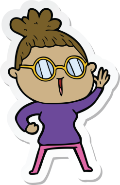 Bir insan tarafından çizilmiş gözlüklü bir karikatür kadının çıkartması.