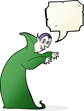 Bir insan tarafından çizilmiş konuşma balonlu ürkünç vampir çizgi filmi.