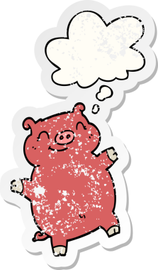 Düşünce baloncuklu çizgi film domuzu bir insan tarafından çizilmiş yıpranmış bir çıkartma.