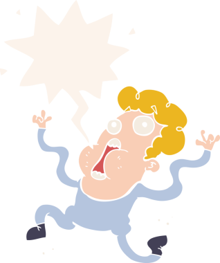 Bir insan tarafından çizilmiş, konuşma baloncuğu olan karikatür dehşete düşmüş bir adam.