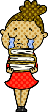 Bir insan tarafından çizilmiş kitap yığınıyla ağlayan kadın çizgi filmi.