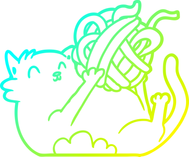 Bir insan tarafından çizilmiş bir ip yumağıyla oynayan çizgi film kedisinin soğuk gradyan çizimi