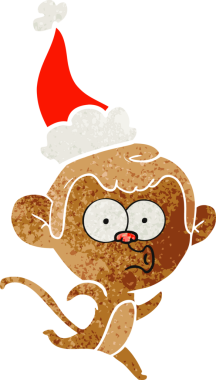 Bir insan tarafından çizilmiş Noel Baba şapkası giymiş şaşırmış bir maymunun el çizimi karikatürü.