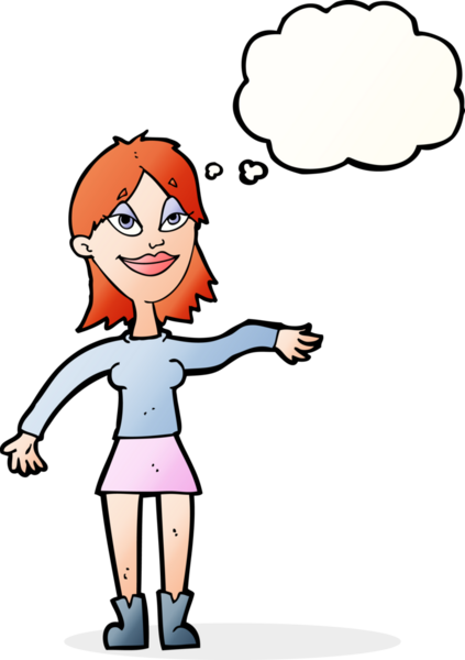 Bir insan tarafından çizilmiş düşünce baloncuğuyla el hareketi yapan çizgi film kadını.