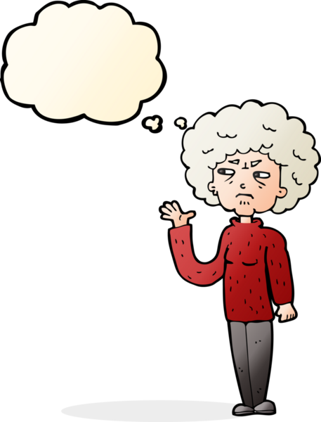 Bir insan tarafından çizilmiş düşünce baloncuğuyla el sallayan yaşlı bir kadın.