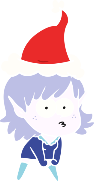 Bir insanın çizdiği Noel Baba şapkasıyla çömelmiş, dik dik bakan bir elf kızının el çizimi.