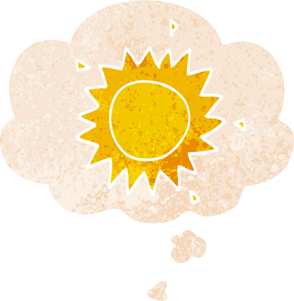 Düşünce baloncuklu karikatür güneşi bir insan tarafından çizilmiş sıkıntılı retro stil