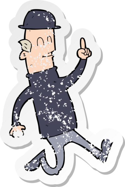 Bir insan tarafından çizilmiş melon şapka giyen bir çizgi film karakterinin gerilimli çıkartması.