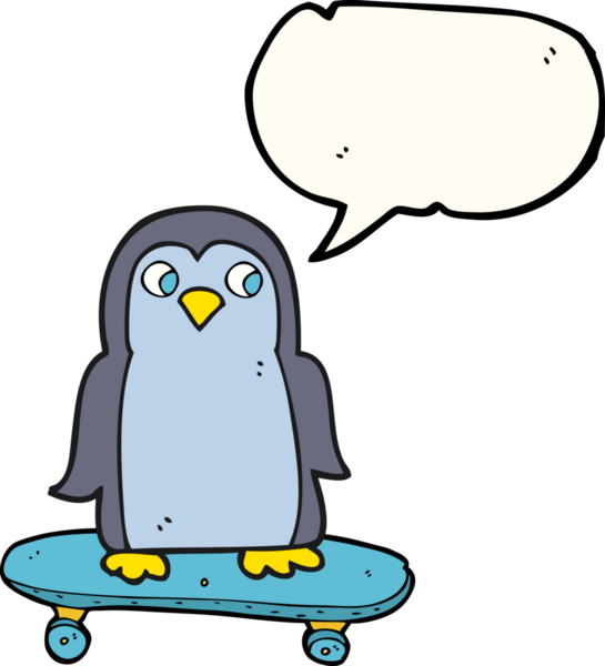 Bir insan tarafından çizilmiş serbest konuşma balonu karikatürü penguen kaykay sürüyor.