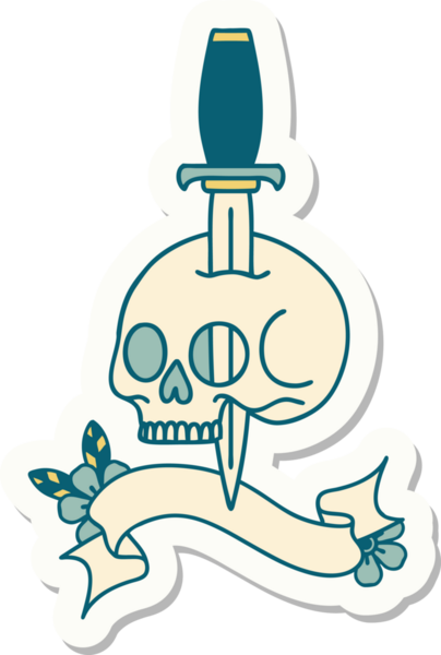 Bir insan tarafından çizilmiş kafatasının pankartıyla dövme stili etiketi