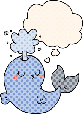 Çizgi roman tarzında bir insan tarafından çizilmiş düşünce balonuyla su püskürten çizgi film balinası.