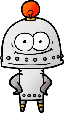 Bir insan tarafından çizilmiş ampullü mutlu karton robot.