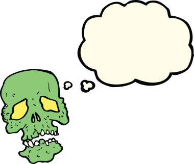 Bir insan tarafından çizilmiş düşünce baloncuklu bir kafatası.