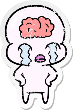 Bir çizgi filmin sıkıntılı çıkartması. Bir insan tarafından çizilmiş büyük beyinli uzaylı ağlaması.