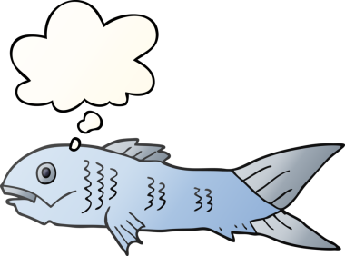 Düşünce baloncuklu karikatür balığı bir insan tarafından çizilmiş.
