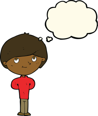 Bir insan tarafından çizilmiş düşünce balonu olan mutlu çocuk çizgi filmi.