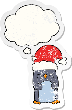 Düşünce baloncuğu olan karikatür pengueni insan tarafından çizilmiş yıpranmış bir çıkartma.