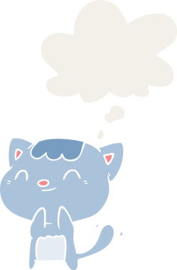 insan tarafından çizilmiş, düşünce baloncuklu mutlu kedi çizgi filmi.