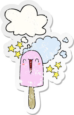 Düşünce baloncuklu buz lolipopu bir insan tarafından çizilmiş kederli bir çıkartma gibi.