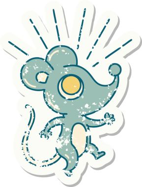 Bir insan tarafından çizilmiş dövme stili fare karakterinin eski bir çıkartması.