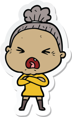 Bir insan tarafından çizilmiş kızgın yaşlı bir kadının çıkartması.