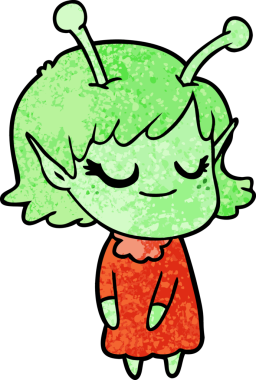 Bir insan tarafından çizilmiş gülümseyen uzaylı kız çizgi filmi.