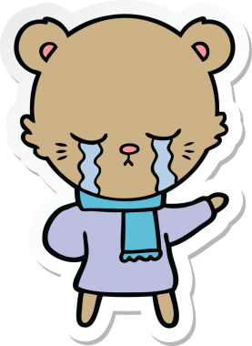 Ağlayan çizgi film ayısının çıkartması. Bir insan tarafından çizilmiş kışlık giysiler.