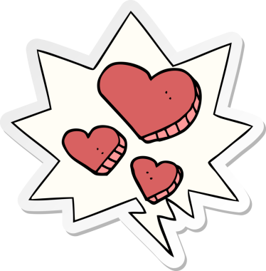 Bir insan tarafından çizilmiş konuşma balonu çıkartmalı karikatür aşk kalpleri.