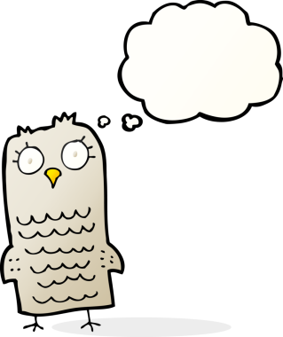 Bir insan tarafından çizilmiş düşünce baloncuklu çizgi film baykuşu