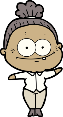 Bir insan tarafından çizilmiş mutlu yaşlı kadın çizgi filmi.