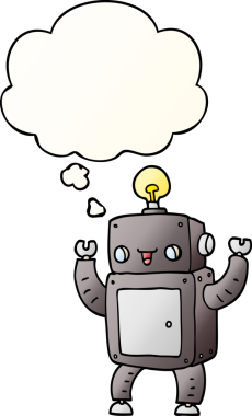 Bir insan tarafından çizilmiş, düşünce baloncuklu, çizgi film mutlu robotu.