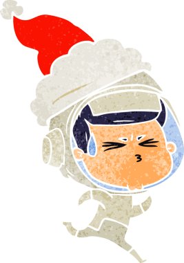 Bir insan tarafından çizilmiş Noel Baba şapkası giymiş stresli bir astronotun el çizimi karikatürü.