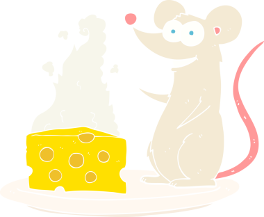 Bir insan tarafından çizilmiş peynirli bir farenin düz renk çizimi
