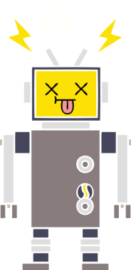 Bir insan tarafından çizilmiş arızalı bir robotun düz renk retro karikatürü