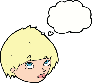 Bir insan tarafından çizilmiş düşünce baloncuğuyla yukarı bakan bir kadın yüzü.