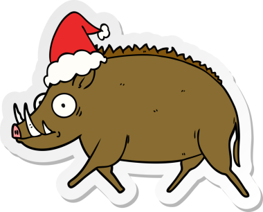 Bir insan tarafından çizilmiş Noel Baba şapkası takan vahşi bir domuzun el yazısı.