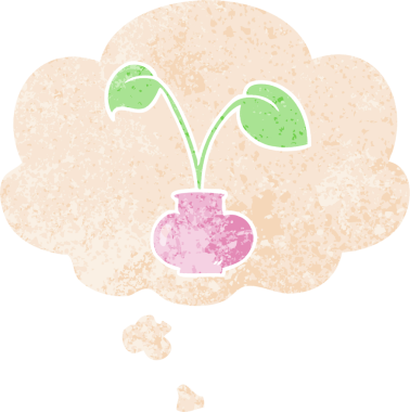 Düşünce baloncuklu karikatür bitkisi grunge sıkıntılı retro desenli bir insan tarafından çizilmiş